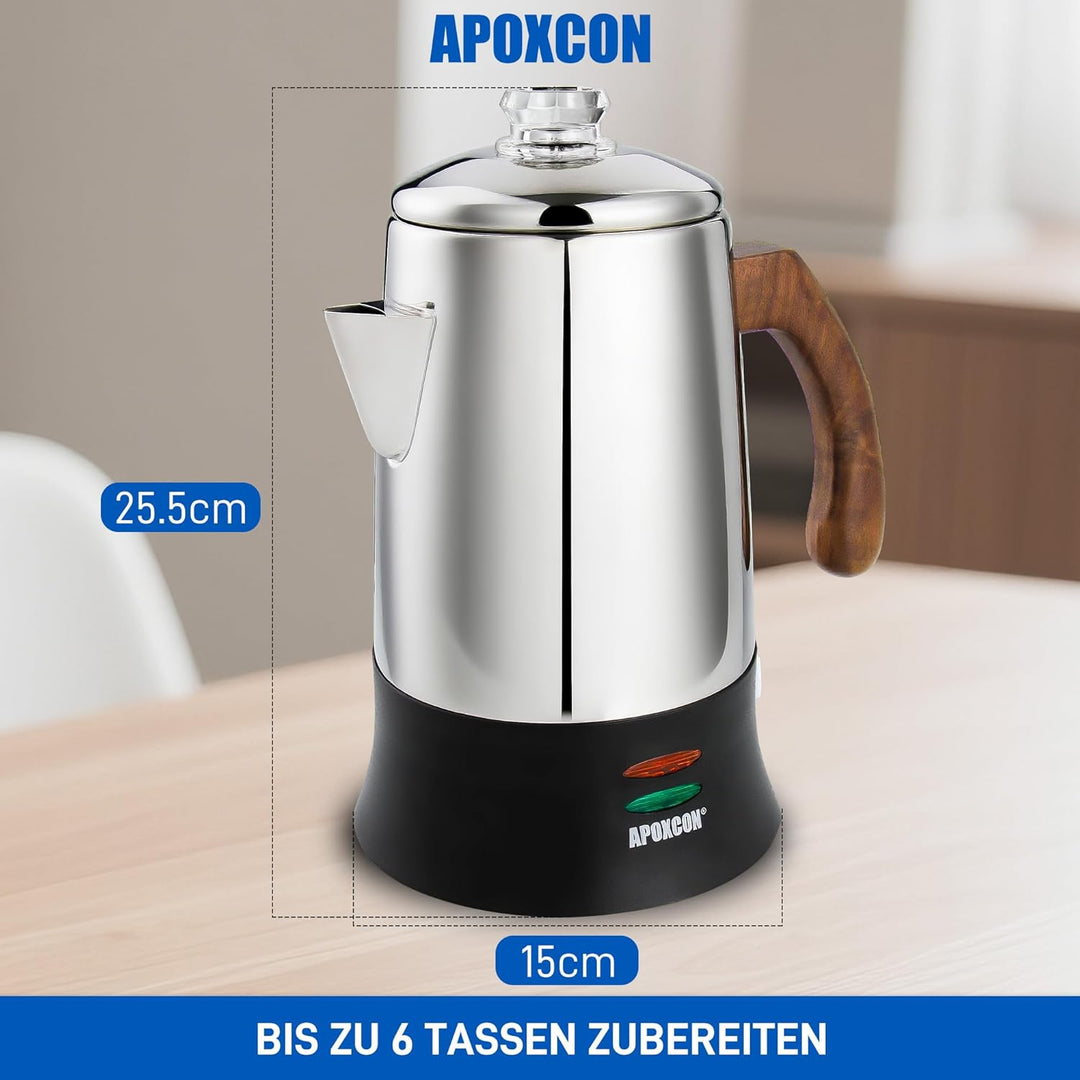 APOXCON Edelstahl18/8 (SS304) -Kaffeekanne (6 Tassen) – mit Sichtglas, Warmhaltefunktion & kordlosem