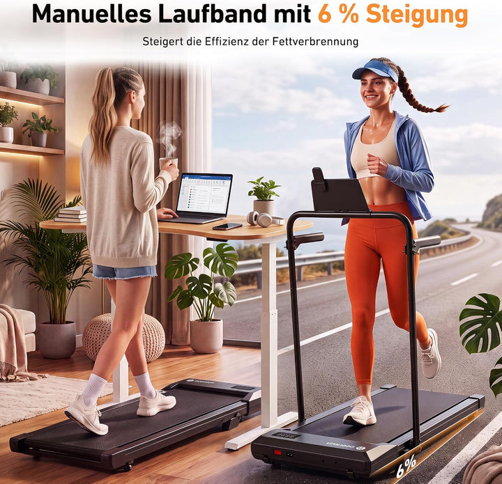 DeerRun Walking Pad mit Steigung,Laufband für Zuhause mit Griff, 2,5 PS, 6 KM/H, max. 136 KG, Walkin