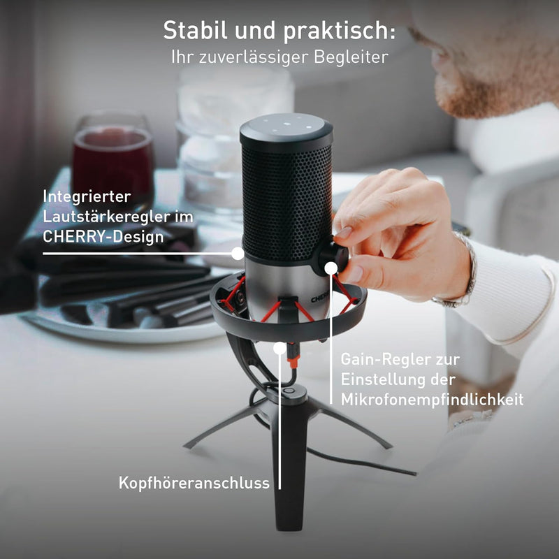 CHERRY UM 6.0 Advanced, USB-Mikrofon für Streaming, Podcast, Home-Office, Shock Mount, Touch Mute, 2