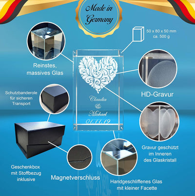 VIP-LASER 3D Glas Kristall Quader Verziertes Herz und Deinen Namen + Datum graviert! Das persönliche