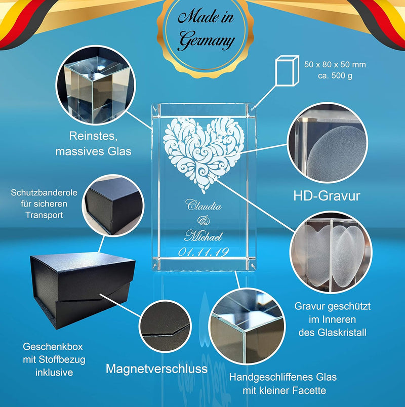 VIP-LASER 3D Glas Kristall Quader Verziertes Herz und Deinen Namen + Datum graviert! Das persönliche