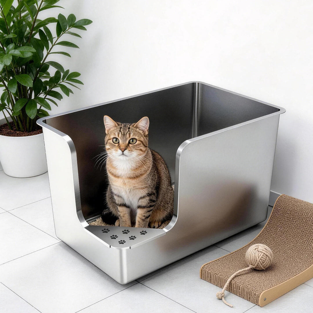 PTLOM Lebensmittelechtes Katzenklo Edelstahl XXL Katzentoilette 30CM hohe Seiten,Ecköffnung, mit Räd