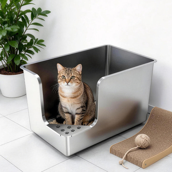 PTLOM Lebensmittelechtes Katzenklo Edelstahl XXL Katzentoilette 30CM hohe Seiten,Ecköffnung, mit Räd