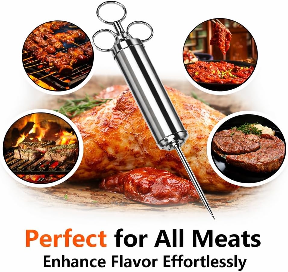 60 ml Edelstahl Fleischinjektor mit 3 Nadeln – Grill-Marinadenspritze, Truthahnspritze für Rind, Huh