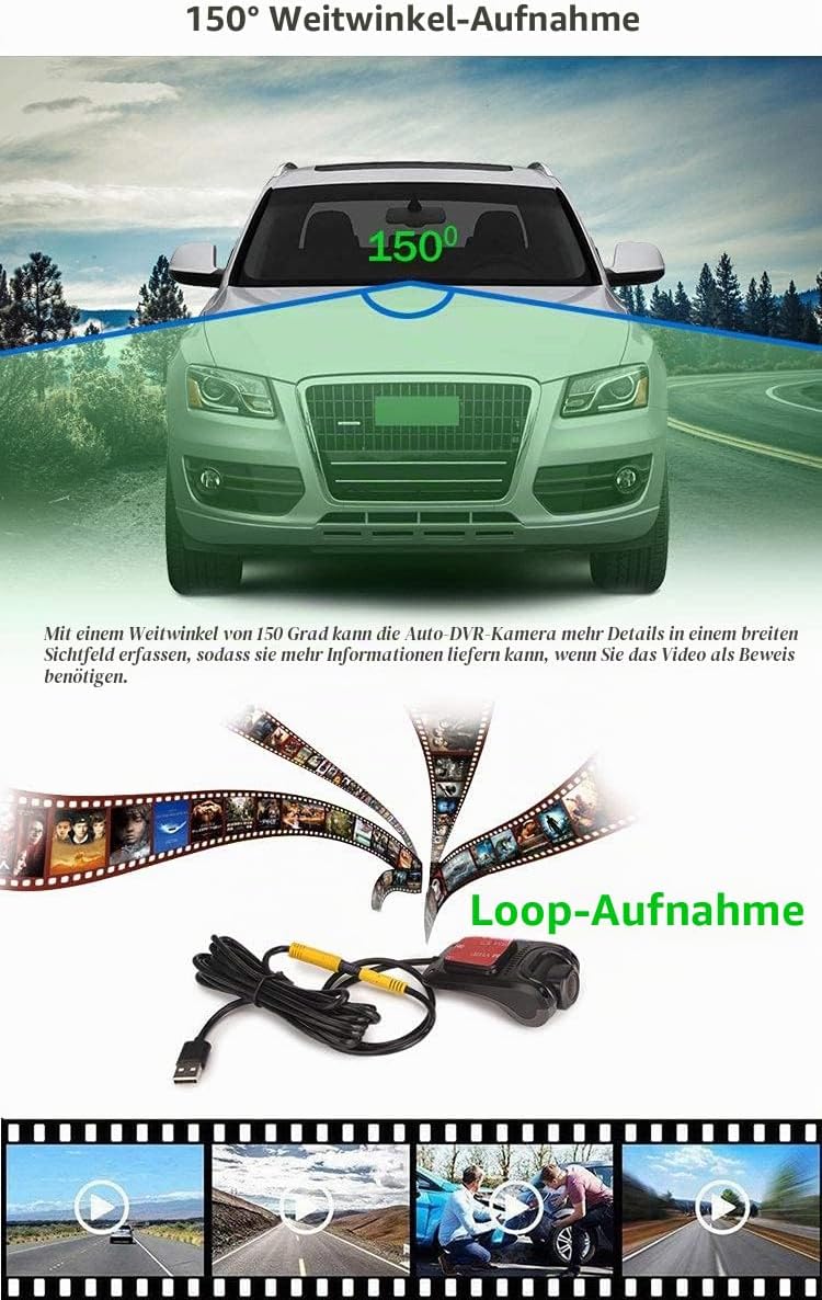 ERISIN HD 1080P 150° Weitwinkel Mini Auto Dashcamera Wasserdicht USB Dashcam Auto DVR Recorder Nacht