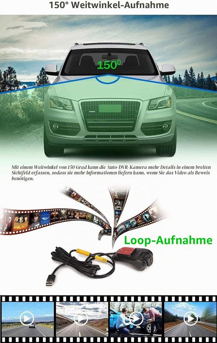 ERISIN HD 1080P 150° Weitwinkel Mini Auto Dashcamera Wasserdicht USB Dashcam Auto DVR Recorder Nacht