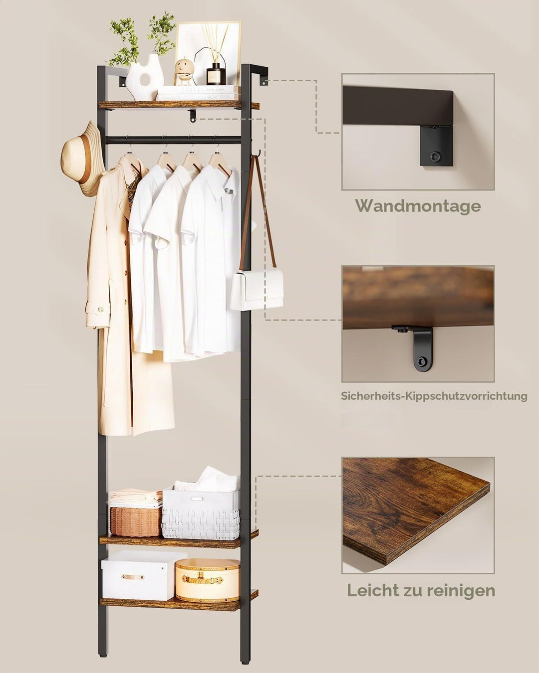 YMYNY Wandgarderoben mit Ablage, Garderobenständer, 180CM Kleiderständer, Freistehender hoher Schran