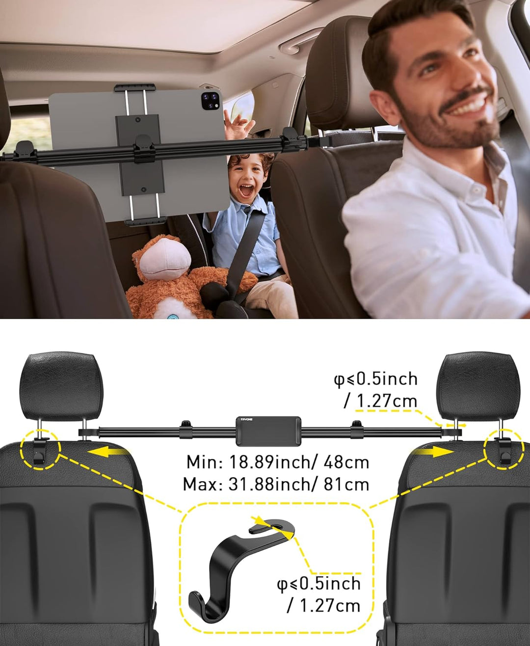 TRYONE Tablet Halterung Auto Mitte, Tablet Kopfstützenhalter - Universal verstellbare KFZ Tablet Hal