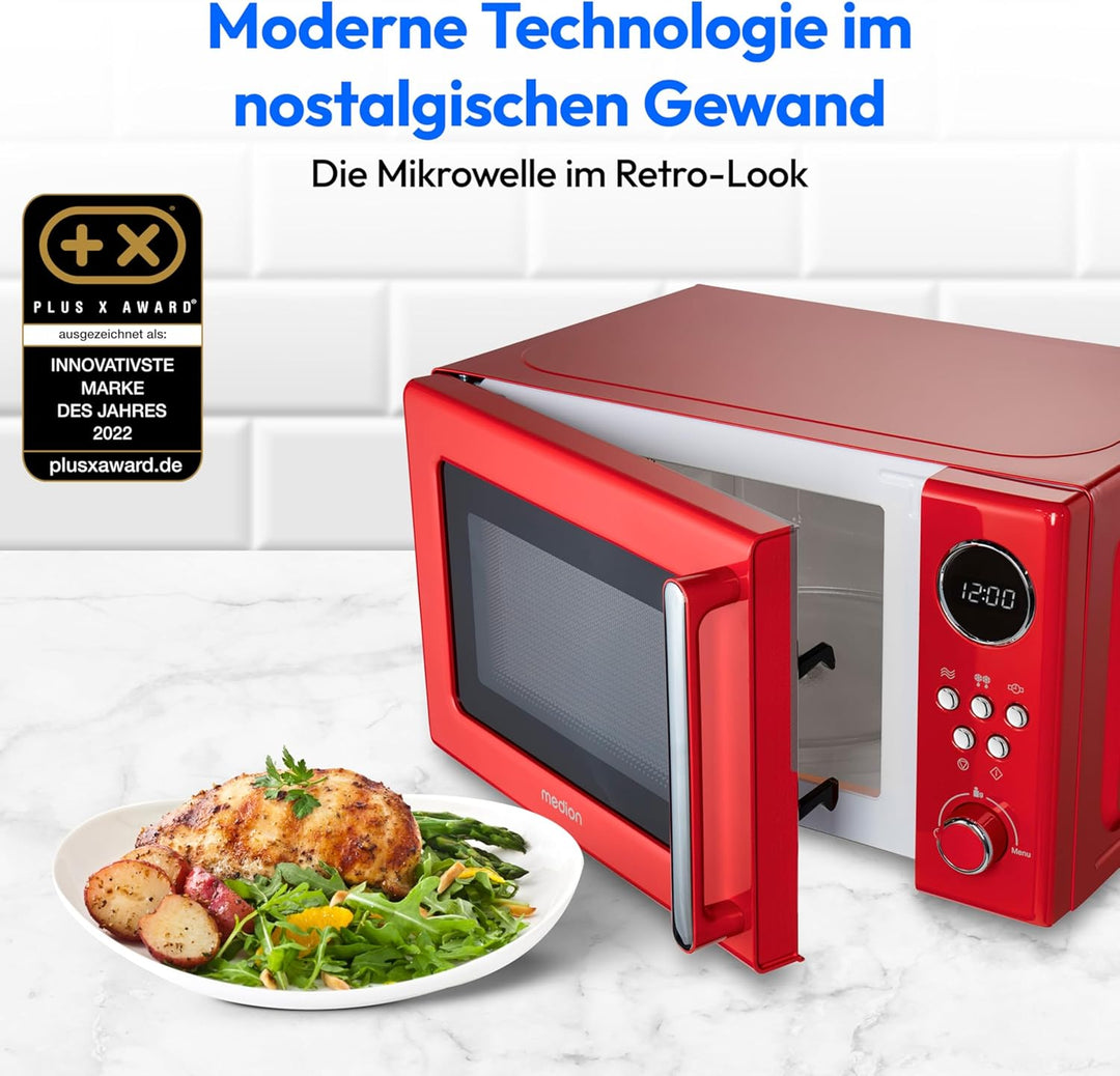MEDION Retro Mikrowelle klein (20 Liter, ca. 800 Watt, 5 Mikrowellenstufen, 8 Automatikprogramme, Di