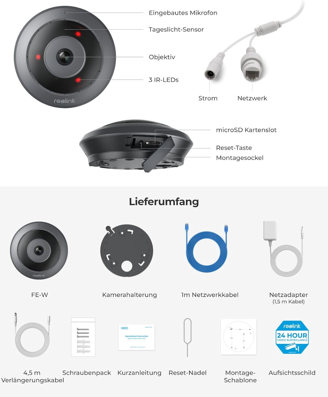 Reolink 6MP WLAN Überwachungskamera Innen, 360° Blick Panorama Fisheye Kamera mit 2,4/5 GHz WLAN, Pe