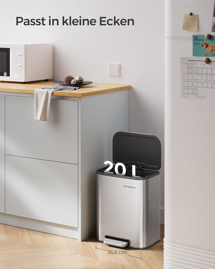SONGMICS Mülleimer Küche, 20 Liter Abfalleimer mit Deckel, Tretmülleimer, Stahl, Softclose, Offenhal