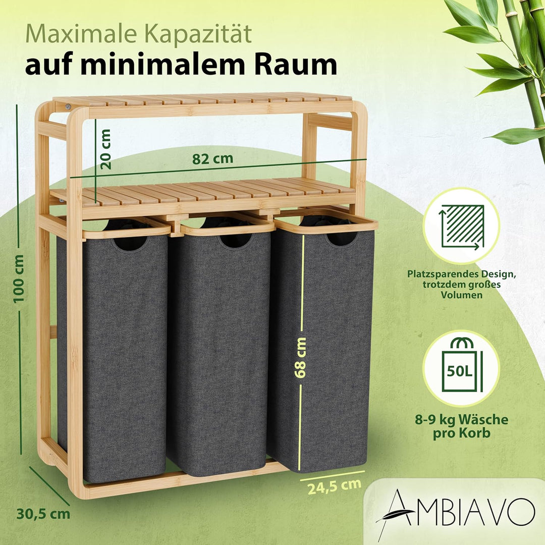 Wäschekorb 3 Fächer mit Ablage grau, 150 L Bambus · Wäschesammler mit Regal · 50 L pro Fach · heraus