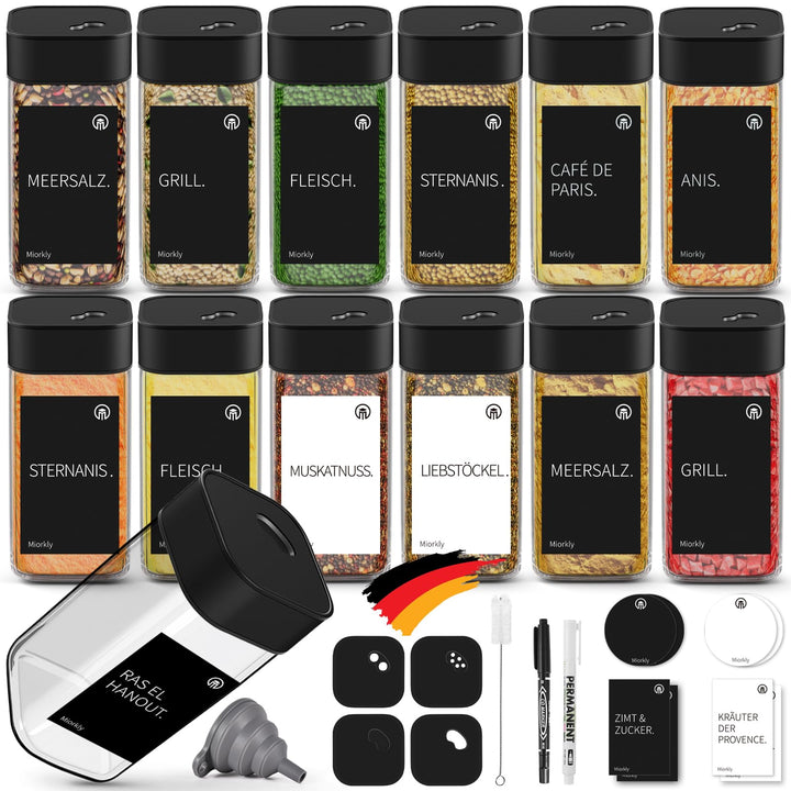 Miorkly Gewürzgläser Eckig - 12er Set mit Schwarz Edelstahl Drehdeckel,120ML Gewürzstreuer Set mit S