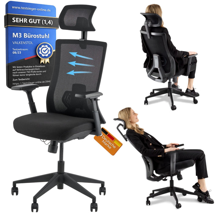 VALKENSTOL M3 Pro Ergonomischer Bürostuhl 150 kg Schwarz – [Höhenverstellbare Lordosenstütze] Schrei