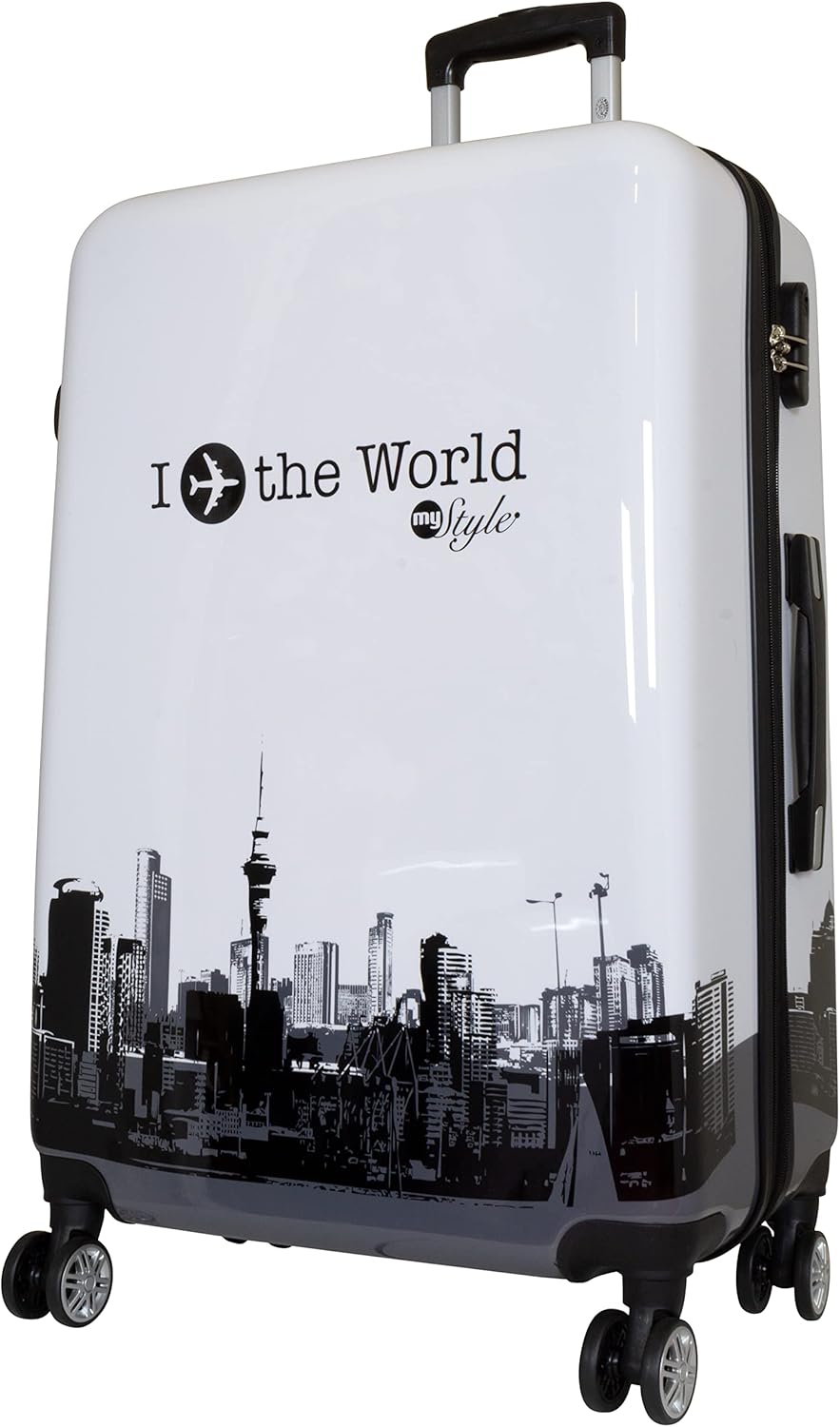 Trendyshop365 Hartschalen Reise-Koffer mit Motiv Bedruckt - Fly The World Weiss - 77 Zentimeter 94 L