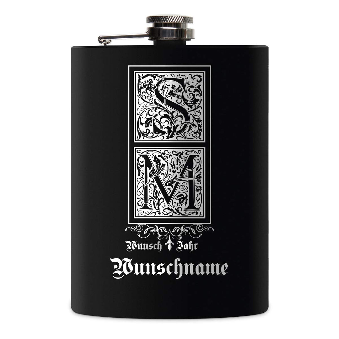 Flachmann Edelstahl Schwarz Matt 237 ml 8 oz individuelle Gravur in Silber - Verzierte Initialen, Ve