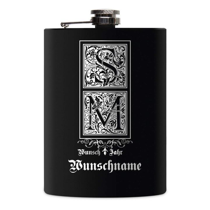 Flachmann Edelstahl Schwarz Matt 237 ml 8 oz individuelle Gravur in Silber - Verzierte Initialen, Ve