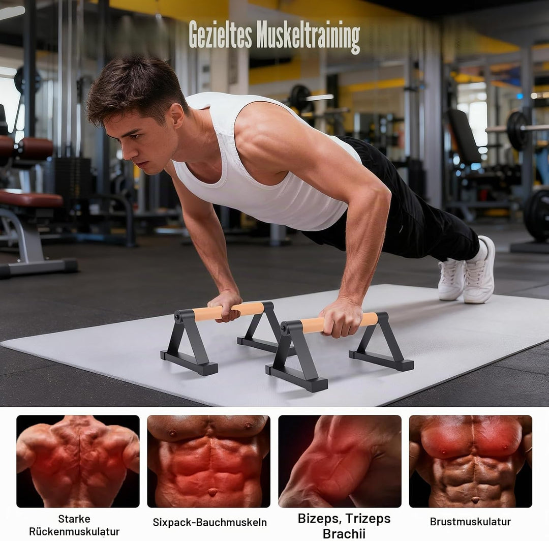 Parallettes Stäbe，Massivholz mit stabilem Metall Dreieck Halterung Push up Bars，Anti-Rutsch Handstan