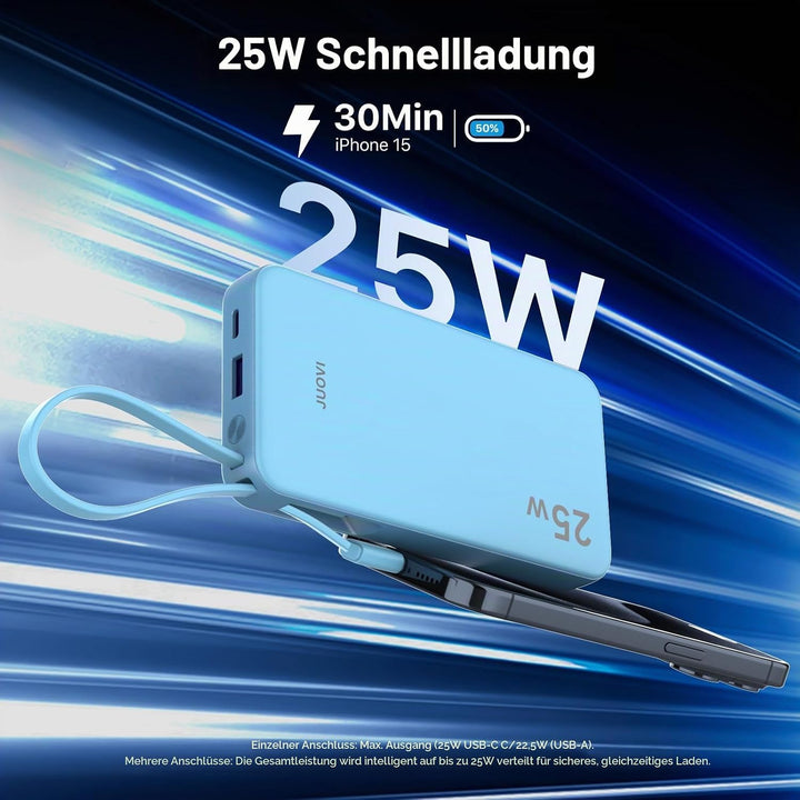 JUOVI Power Bank 10000mAh mit Kabel, 25 W Powerbank Klein Leicht, tragbarer Akkupack schnellladefunk