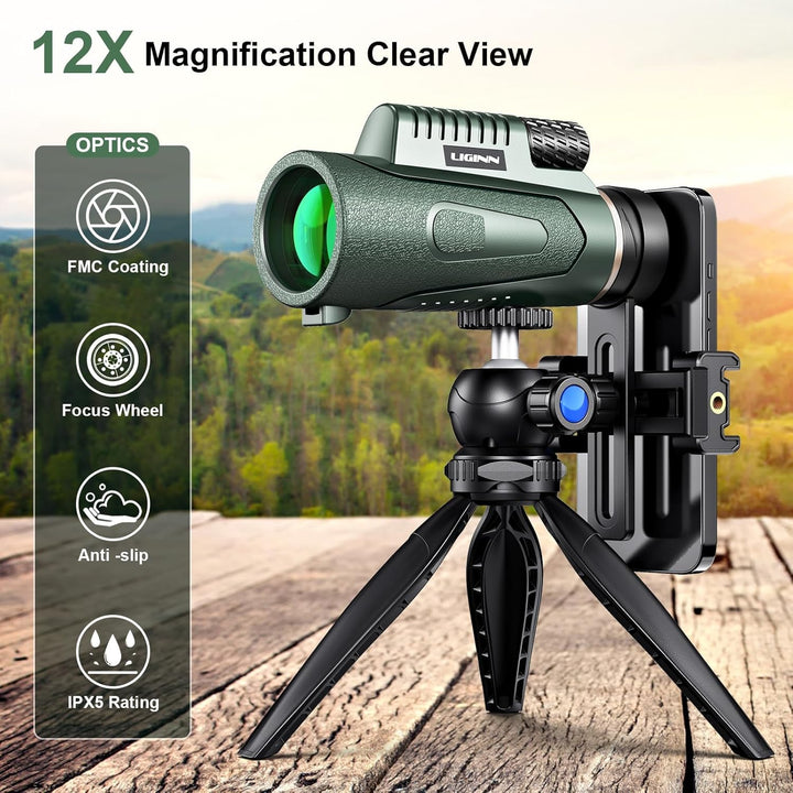 Monokular Teleskop 12x50, HD Monokulars Fernglas mit Smartphone Halterung Stativ, FMC BAK4 Prisma Wa