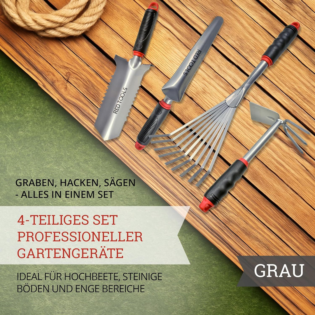 Red Tools Profi Garten -Set 4 TLG. - Multifunktions- Gartenschaufel mit Wurzelsäge, Kombihacke, Pfla