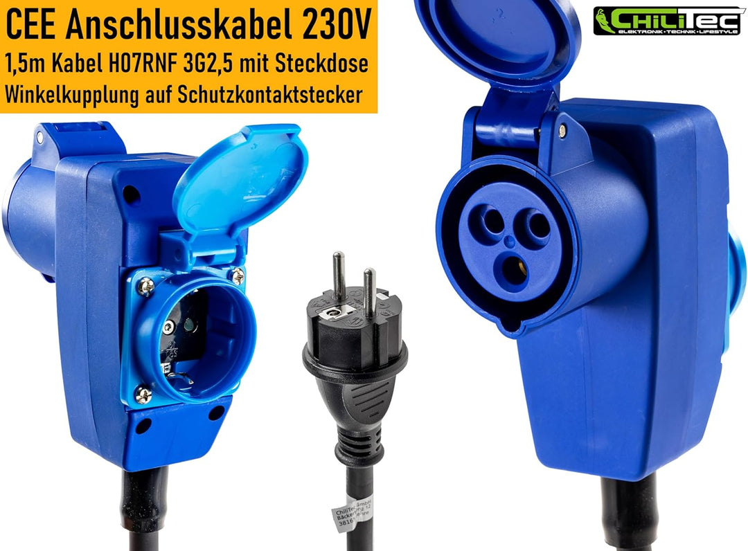 ChiliTec CEE Adapter mit Steckdose 90° CEE-Kupplung auf Schutzkontakt-Stecker 230V 16A 1,5m Kabel H0