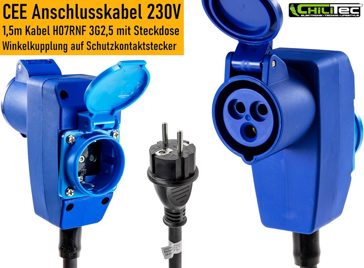 ChiliTec CEE Adapter mit Steckdose 90° CEE-Kupplung auf Schutzkontakt-Stecker 230V 16A 1,5m Kabel H0