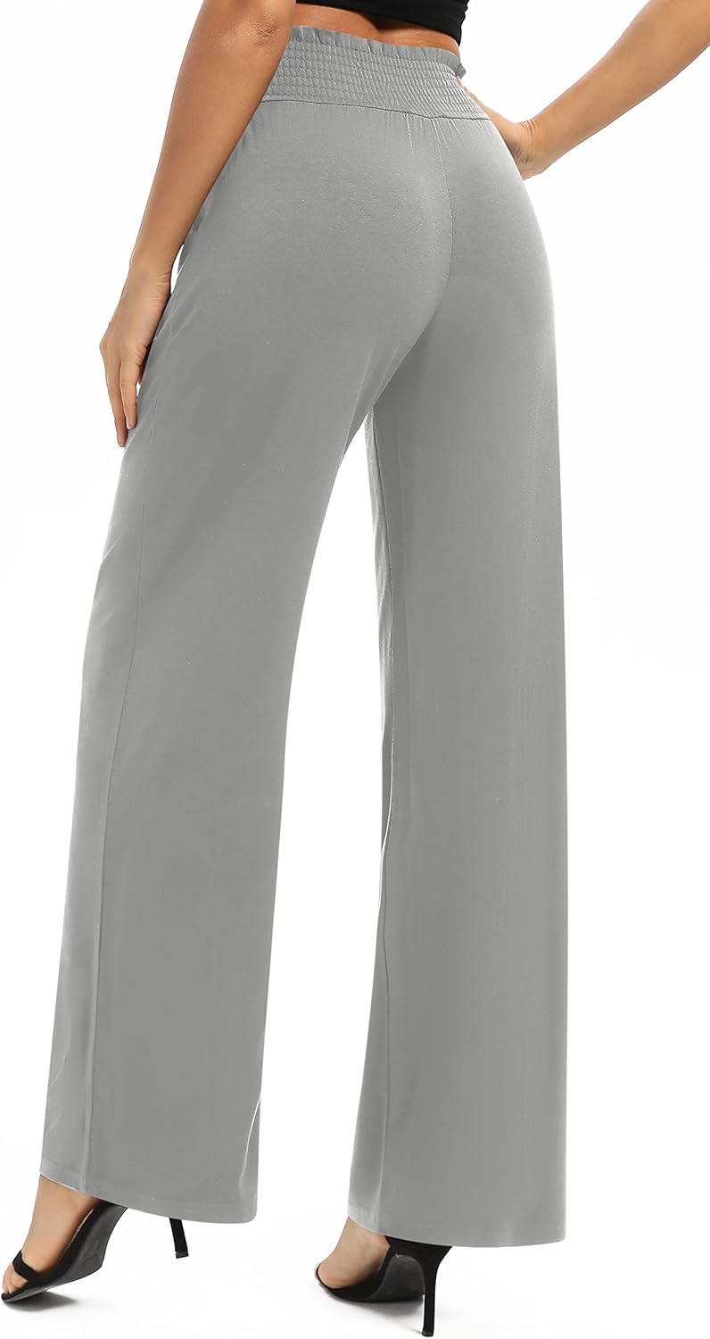 EXCHIC Damen Einfarbig Lose Gerade Geschnitten Palazzo Hose Hohe Taille Dehnbar Lounge Hose mit Tasc