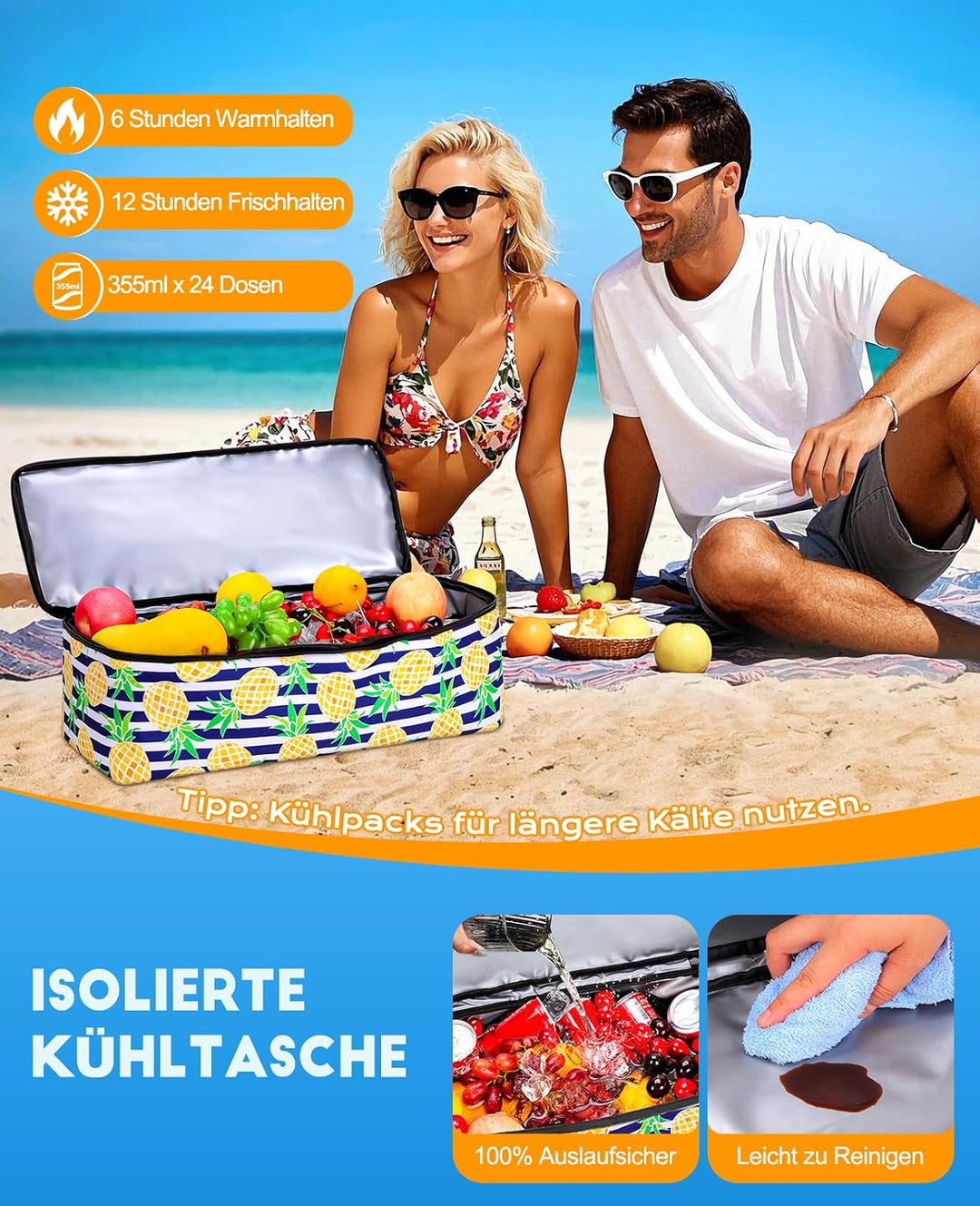 ISEYOU Strandtasche XXL Familie mit Kühltasche, Gross Strandtasche mit Reissverschluss Wasserdicht S