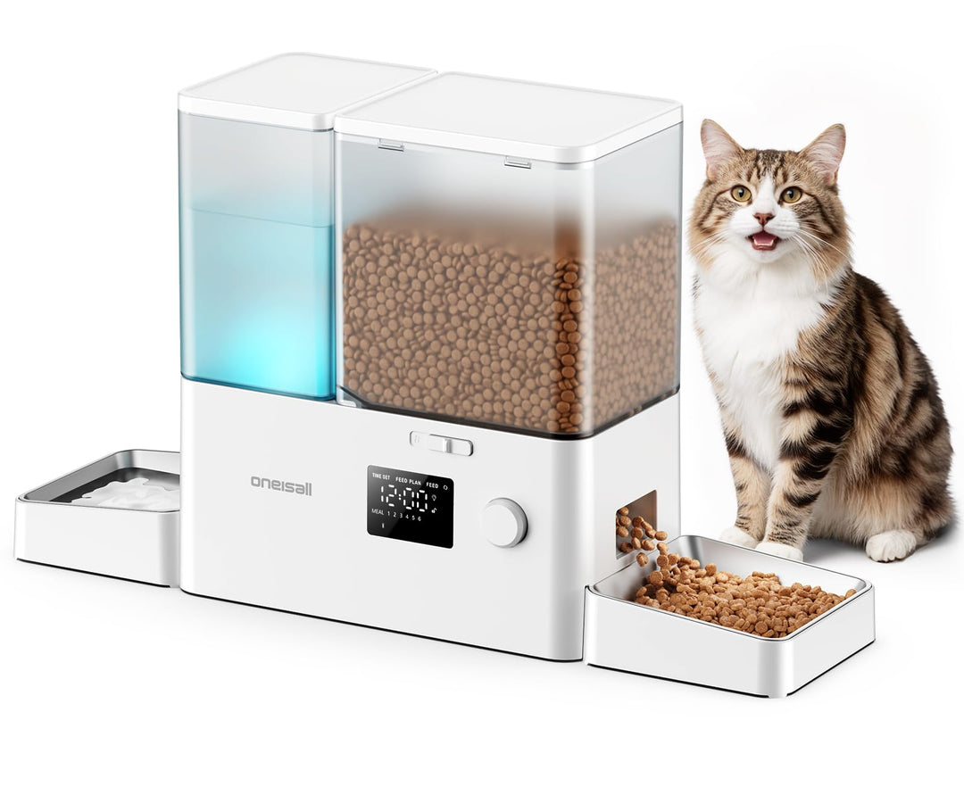 oneisall Futterautomat Katze und Trinkbrunnen 2-in-1, 8,5L/1-36 Portionen, 5L Futterspender mit 3,5L