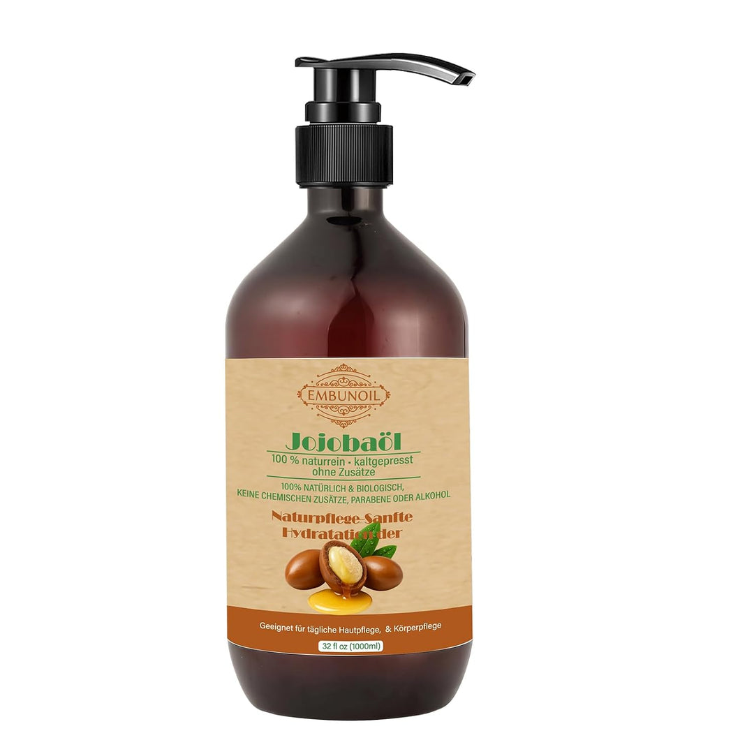 Jojobaöl, 1000 ml, 100% Naturrein &amp; Kaltgepresst, ohne Zusätze, für Haut-, Haar- &amp; Nagelpflege, mit