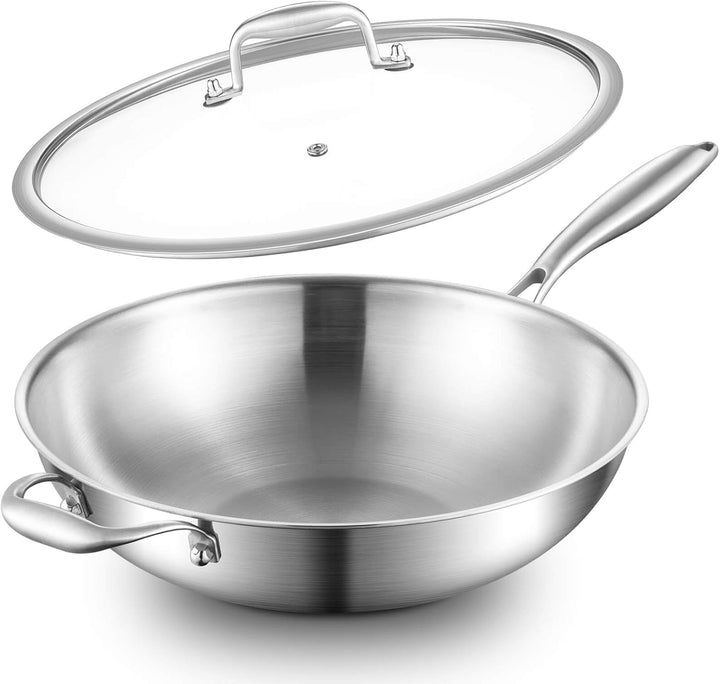 Wokpfanne Unbeschichtet Induktion 30cm: 3-Schichtige Edelstahl Wok,Frei von PFOA,PTFE,mit Deckel und
