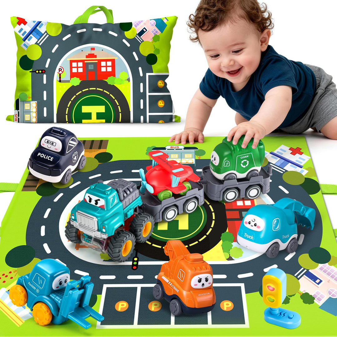 lerrbo 6 véhicules Avec remorque, Carte et Feux de Circulation Jaunes, Tapis de Jeu et Sac de Rangem