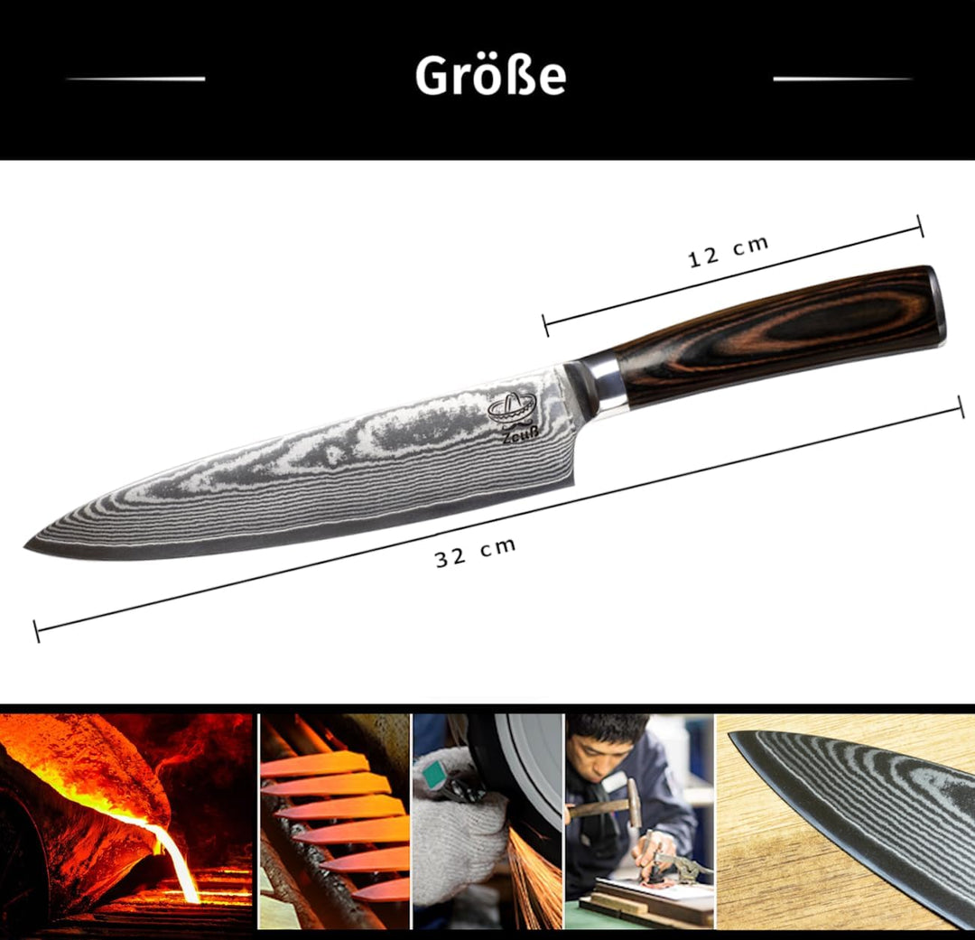 Zeuss Damastmesser Küchenmesser XL (32cm) Profi-Kochmesser aus japanischem 67 Lagen Damaststahl und
