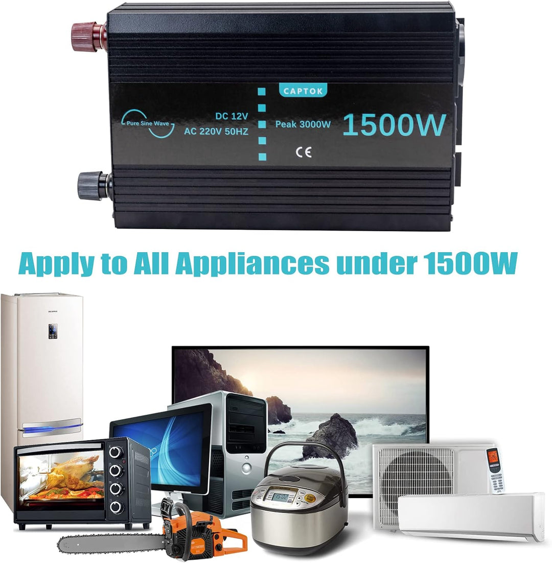 Spannungswandler 1500W/3000W Reiner Sinus-Wechselrichter DC 12V auf AC 230V EU-Steckdose Doppel-LCD-