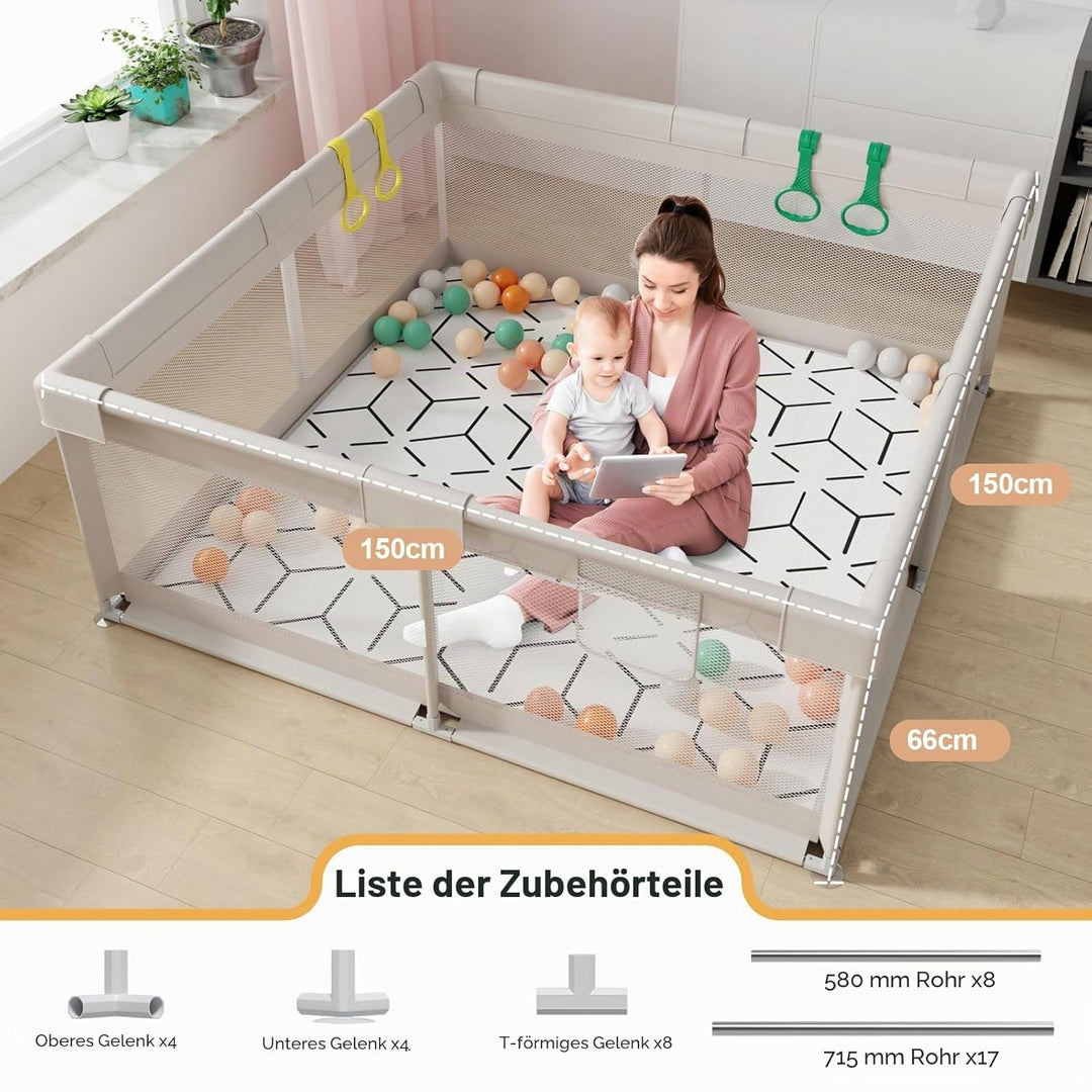 150x150 cm Baby Laufgitter mit Matte, Laufstall Baby mit Matratze (150X150X65 cm)