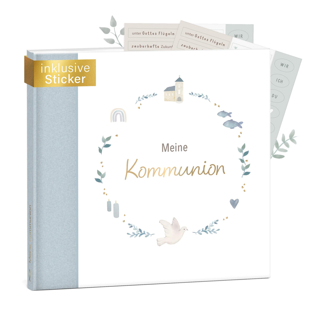 mintkind® Gästebuch Kommunion Blau - Erinnerungsbuch zur Kommunion, 72 Seiten zum Gestalten, edler L