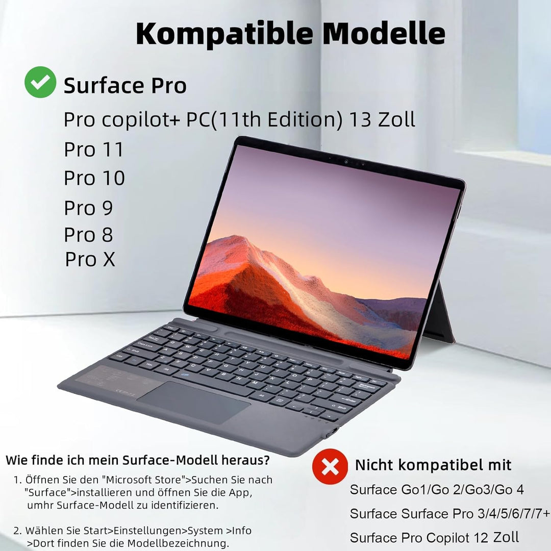 Deutsche QWERTZ Layout Tastatur für Microsoft Surface Pro 11/10 / 9/8 / X, 13 Zoll - Ultraflaches, b