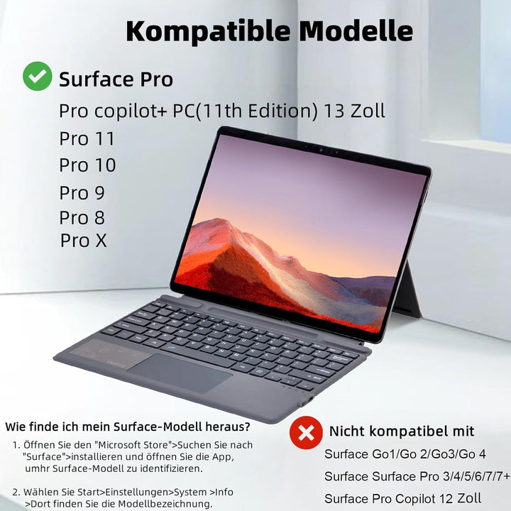 Deutsche QWERTZ Layout Tastatur für Microsoft Surface Pro 11/10 / 9/8 / X, 13 Zoll - Ultraflaches, b