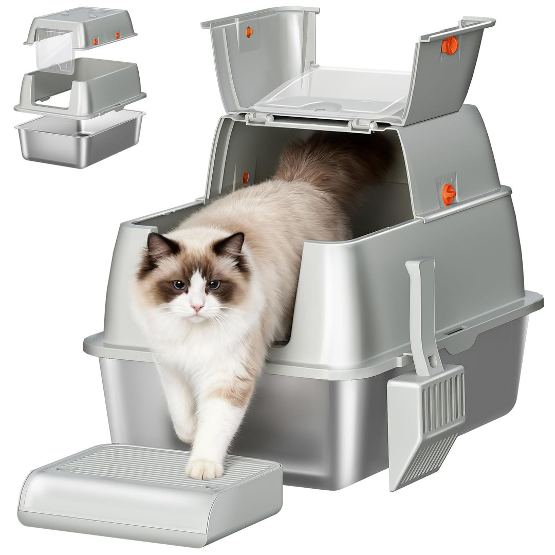 Edelstahl-Katzenklo mit Deckel, Geschlossene Katzentoilette, 180° Klappdeckel, Inklusive Pedal und S