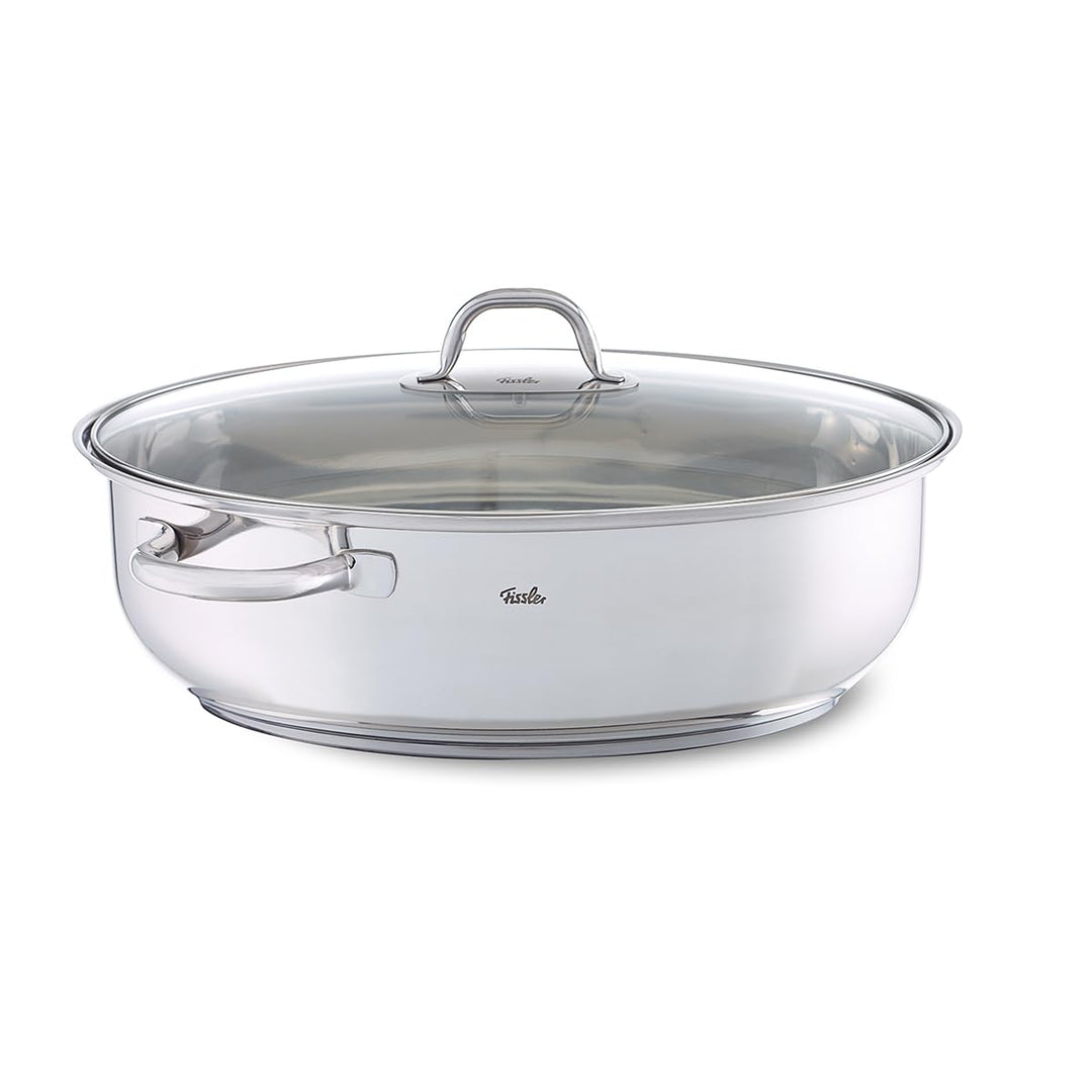 Fissler / Edelstahl-Bräter (8,8 L - Ø 38 cm) grosser ovaler Schmortopf, mit Glas-Deckel, backofen-&