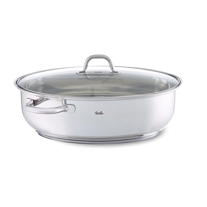Fissler / Edelstahl-Bräter (8,8 L - Ø 38 cm) grosser ovaler Schmortopf, mit Glas-Deckel, backofen-&