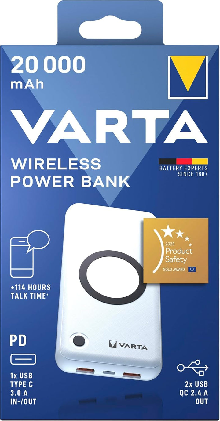 VARTA 2 in 1 Power Bank und Wireless Charger, kabelloses Ladegerät, Powerbank 20000mAh, LED Ladestan