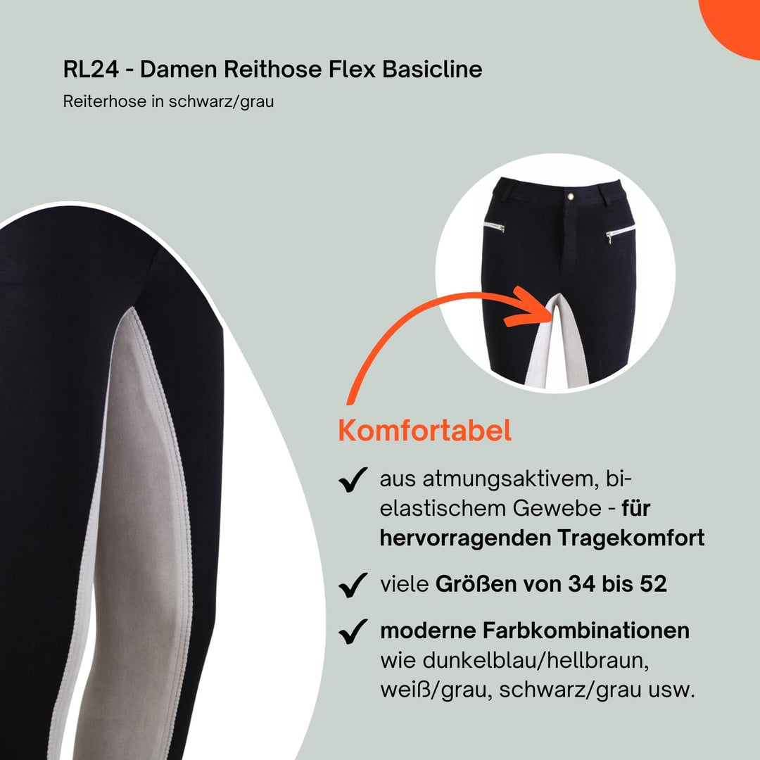 RL24 Damen Reithose Vollbesatz Flex BASICLINE 44 Schwarz/Grau, 44 Schwarz/Grau