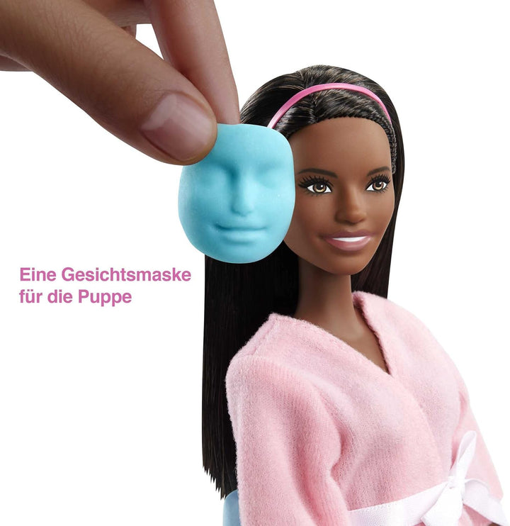 Barbie GJR85 Wellness Gesichtsmasken Spielset, brünette Puppe, Hündchen, Formen und Knete Brünett Si