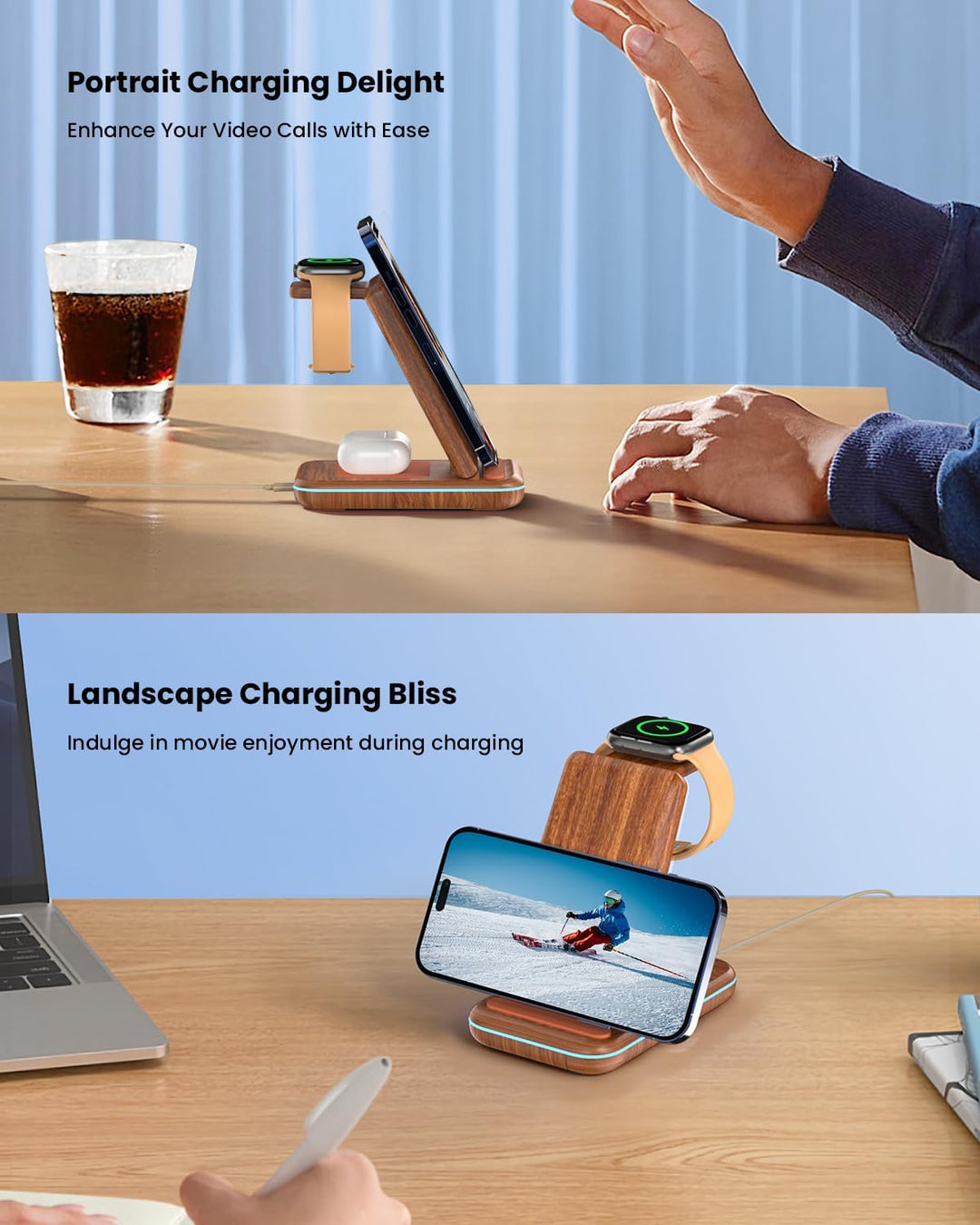 JoyGeek 3 in 1 Faltbar Kabelloses Ladegerät, Wireless Charger für i Phone 16/15/14/13/12/11/X, Induk