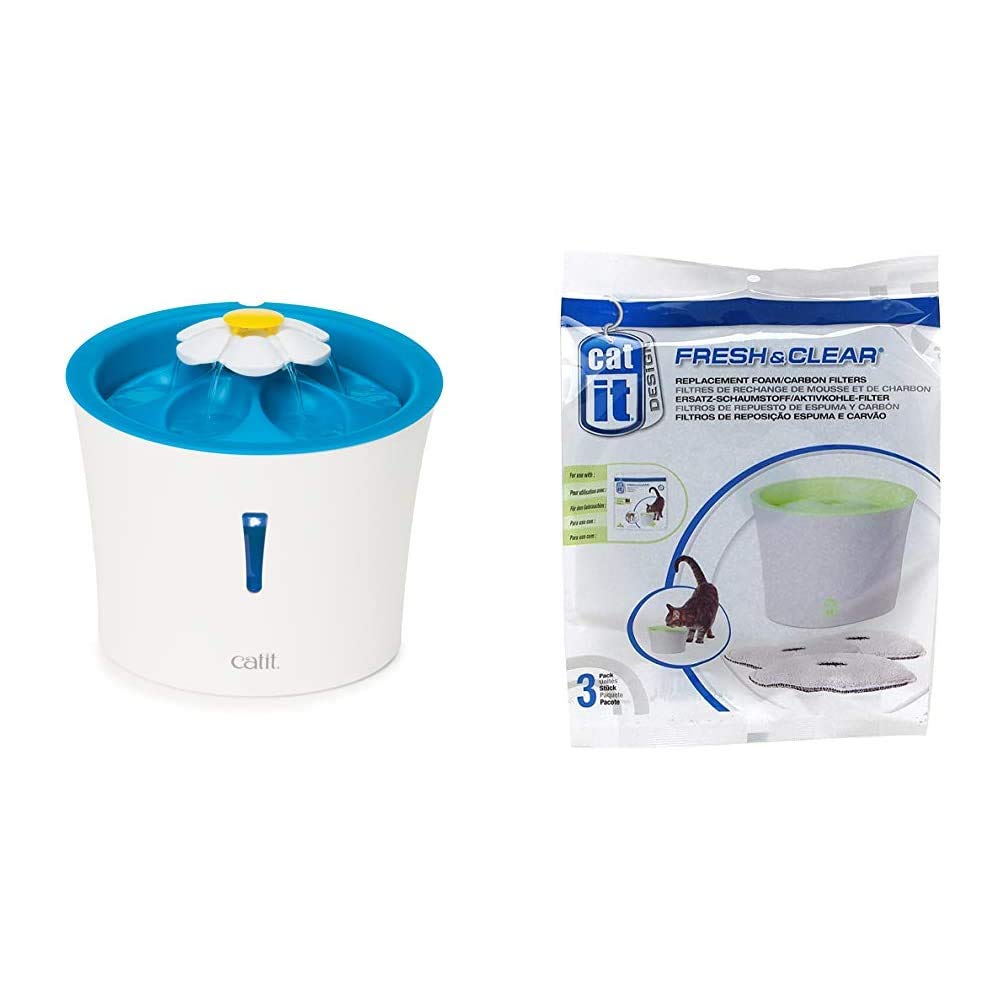 Catit 43747w Blumentrinkbrunnen 3l Mit Led & 55601 Ersatz-Reinigungsfilter 3er Pack für 3 L Trinkbru