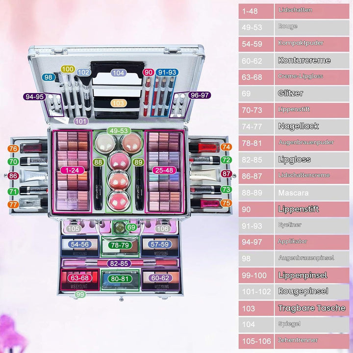 MKNZOME Schminkkasten Make-Up Set, Professionelles Kosmetische Schmink Set mit Lidschatten Lippenglo