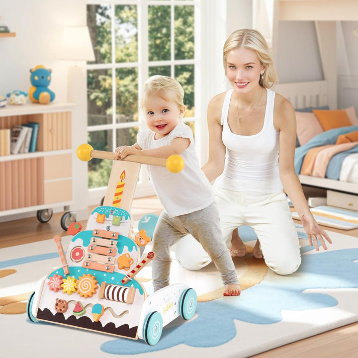 LIFEZEAL Lauflernwagen Holz, Babywalker mit 3-fach verstellbarem Griff, Fach, 4 Rädern, Multi-Aktivi