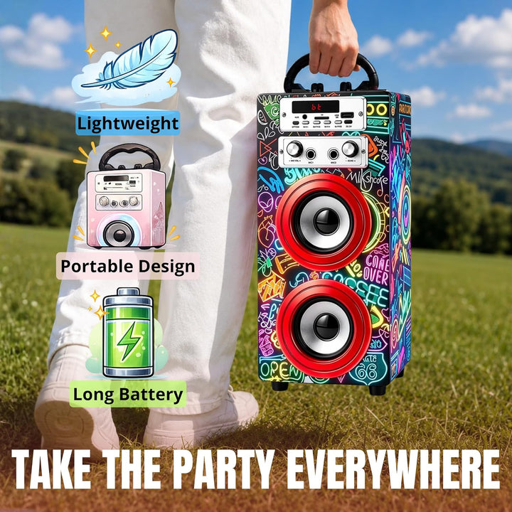 DYNASONIC Karaoke mit 2 Mikrofonen, tragbarer Karaoke-Maschine, Bluetooth-Lautsprecher, USB- und SD-